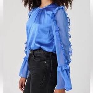 French Connection Long Sheer Ruffle Sleeve Blouse Top Blue Medium